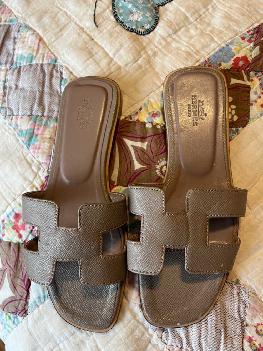 Hermes Taupe Leather H Slide Sandals